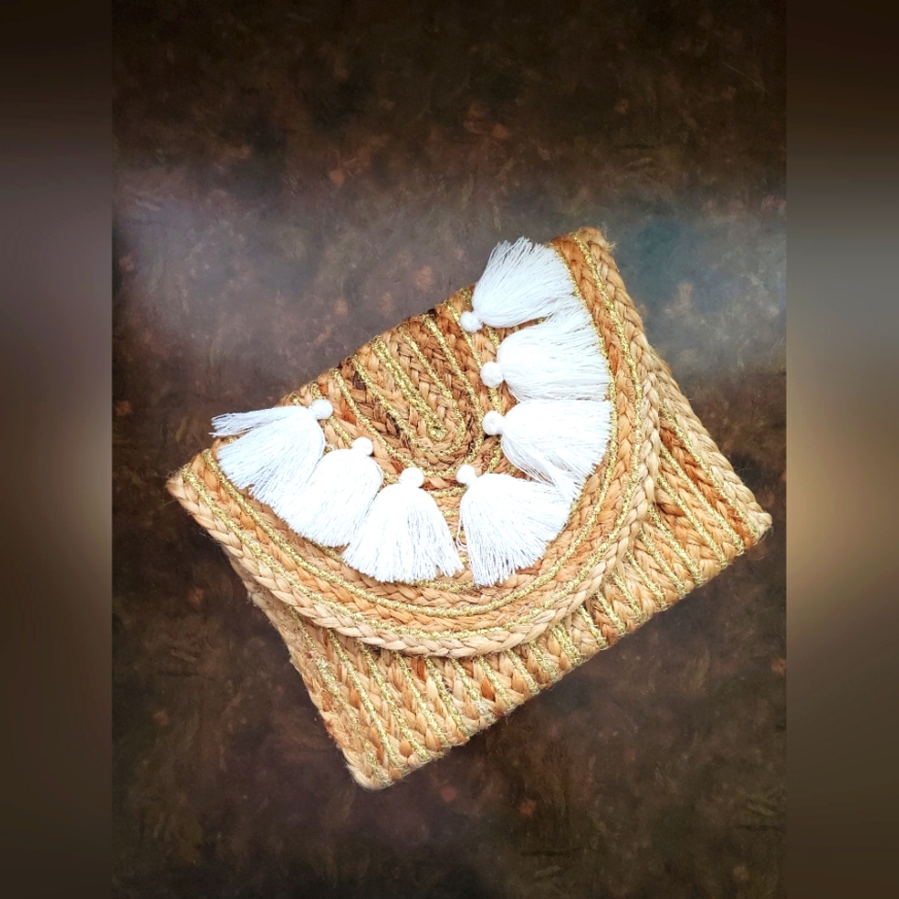 Mudpie Tan Woven Clutch White Boho Tassels Gold Thread Travel Handbag